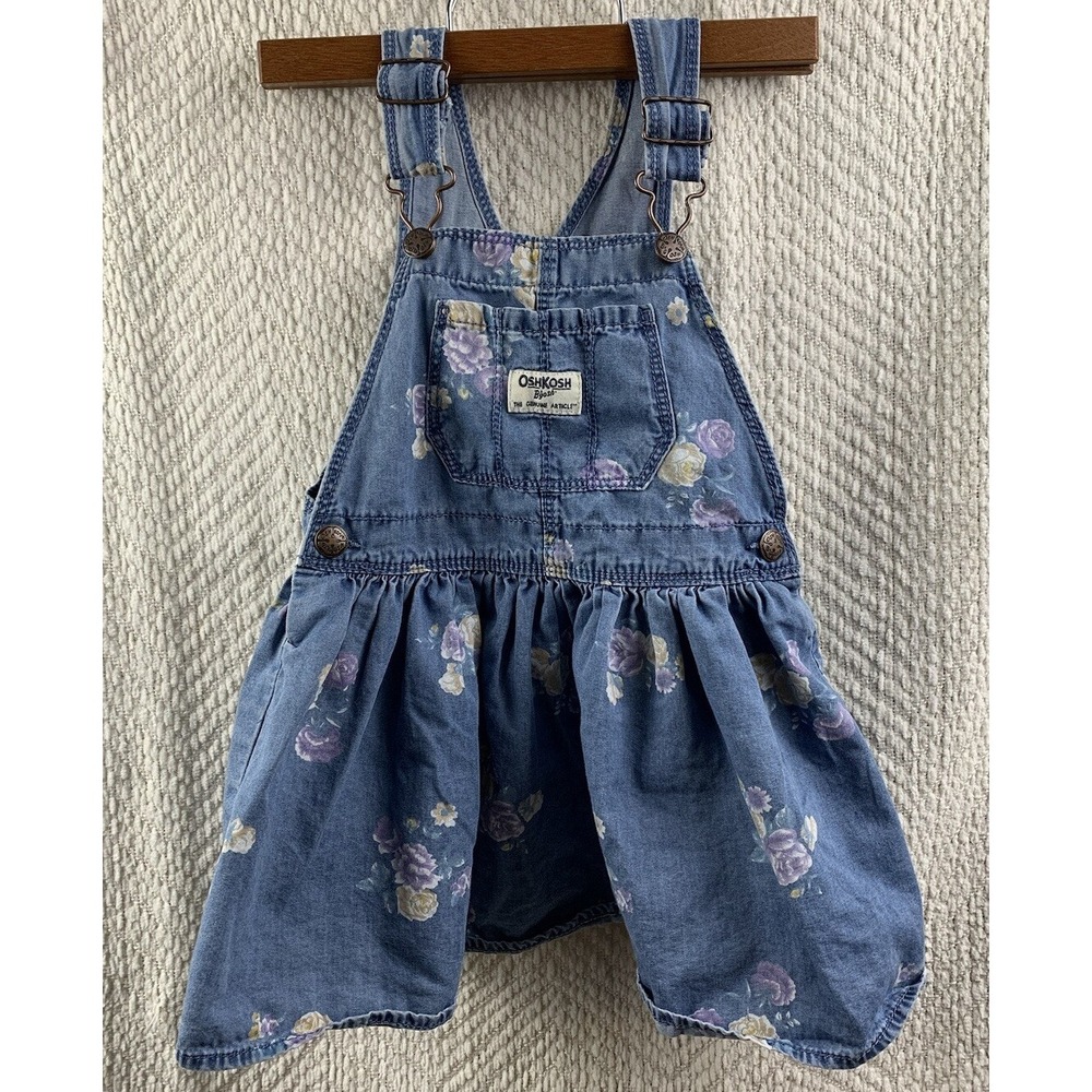 Vintage OshKosh Bgosh Girls Floral Roses Denim Bib Overall Dress Vestbak Size 3T